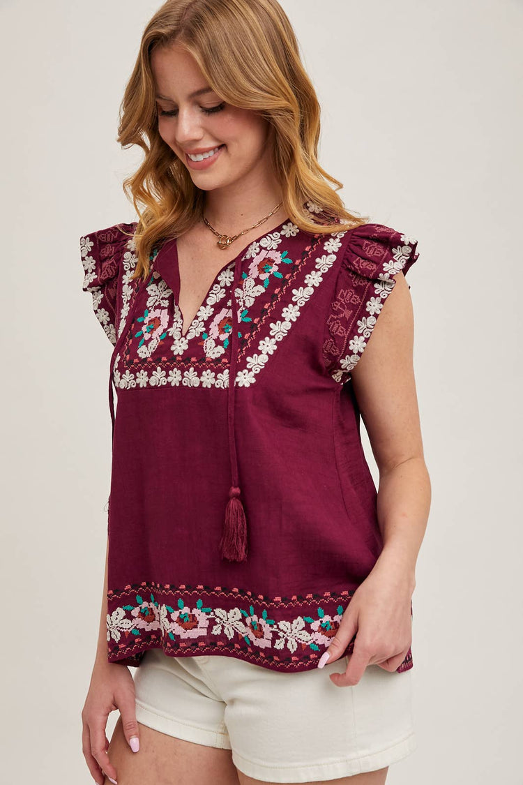 BOHO EMBROIDERED RUFFLED SLEEVE DRAWSTRING TOP