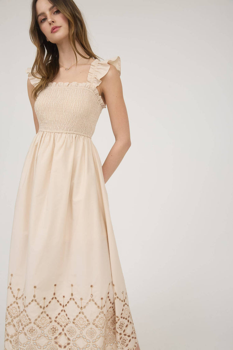 SMOCKED RUFFLE SLEEVE EYELET HEM MIDI DRESS