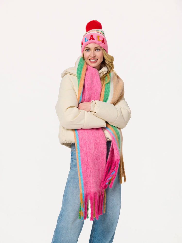 "FA LA LA" STRIPED BEANIE, PINK
