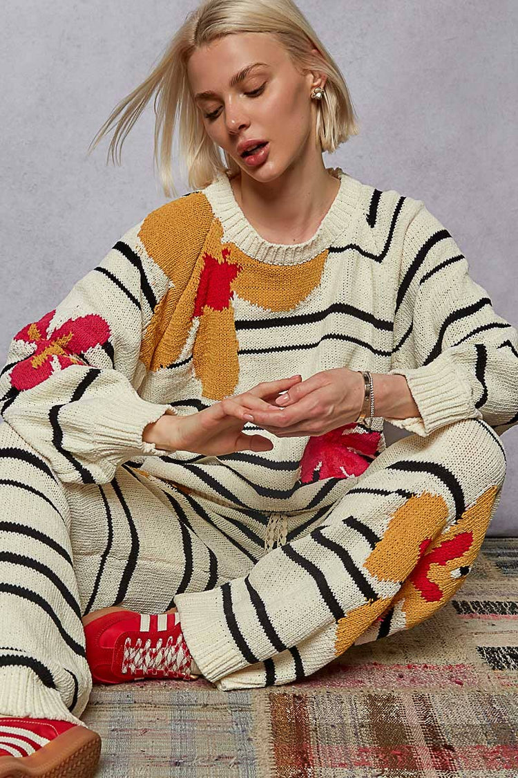 Round neck floral pattern striped chenille sweater top