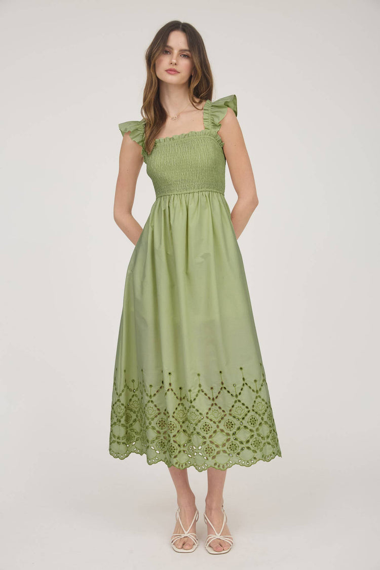 SMOCKED RUFFLE SLEEVE EYELET HEM MIDI DRESS