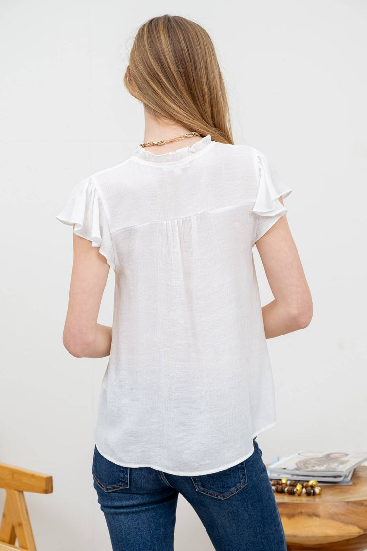 LACE TRIM SPLIT NECK RUFFLE SLEEVE BLOUSE