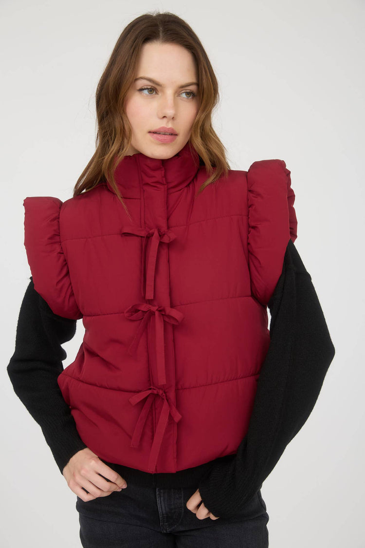 FLUTTER SLEEVE BOW DETAIL ZIP-UP PUFFER VEST