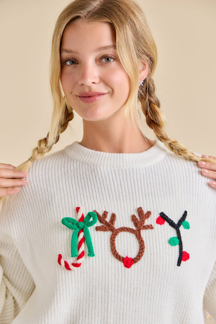 Christmas Joy Embroidered 3D Yarn Sweater Knit Top