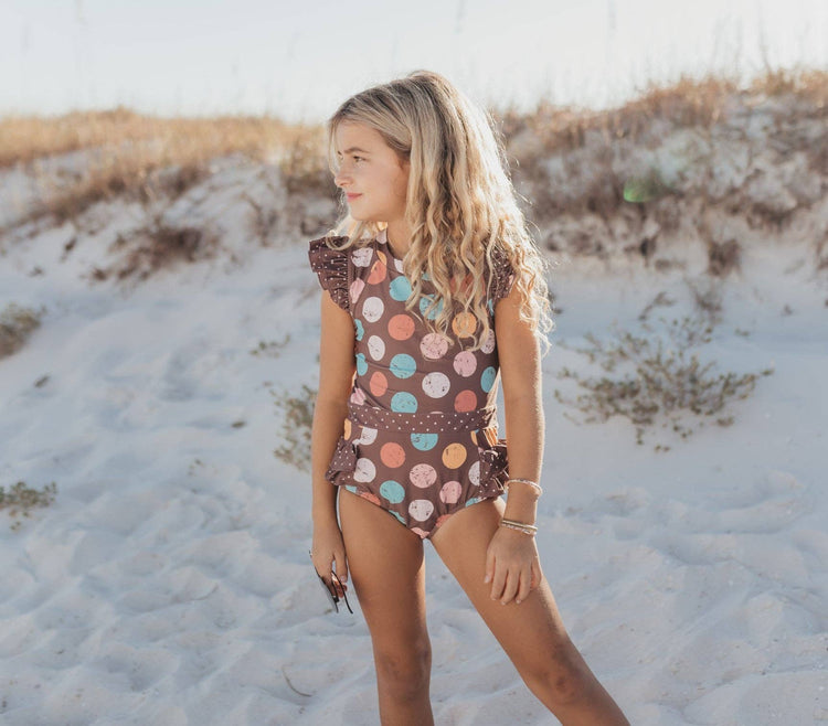 Kids Chocolate Dot Open Back One Piece Ruffle Swimsuit