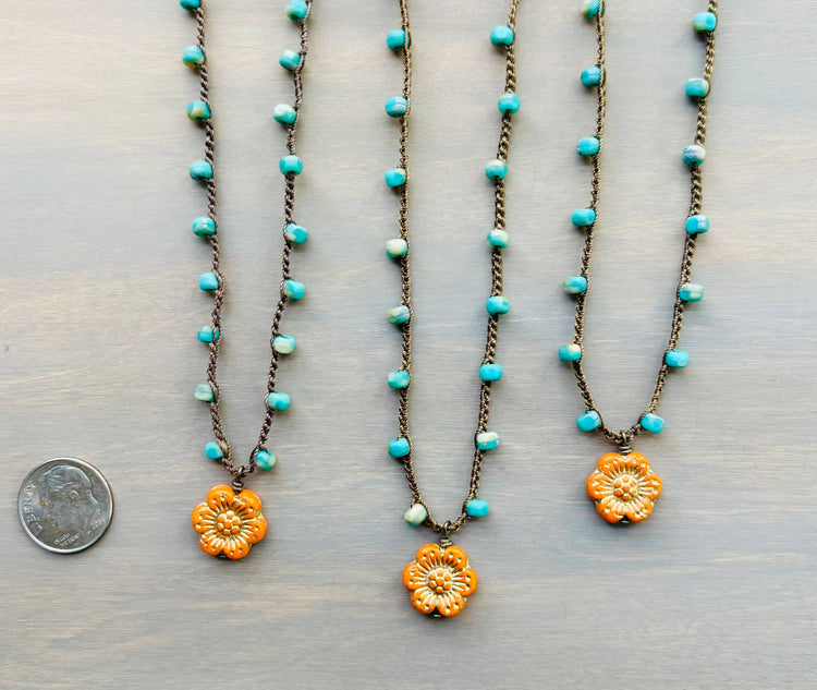 Orange Crush Wild Rose On Aqua Crocheted Crystal Necklace