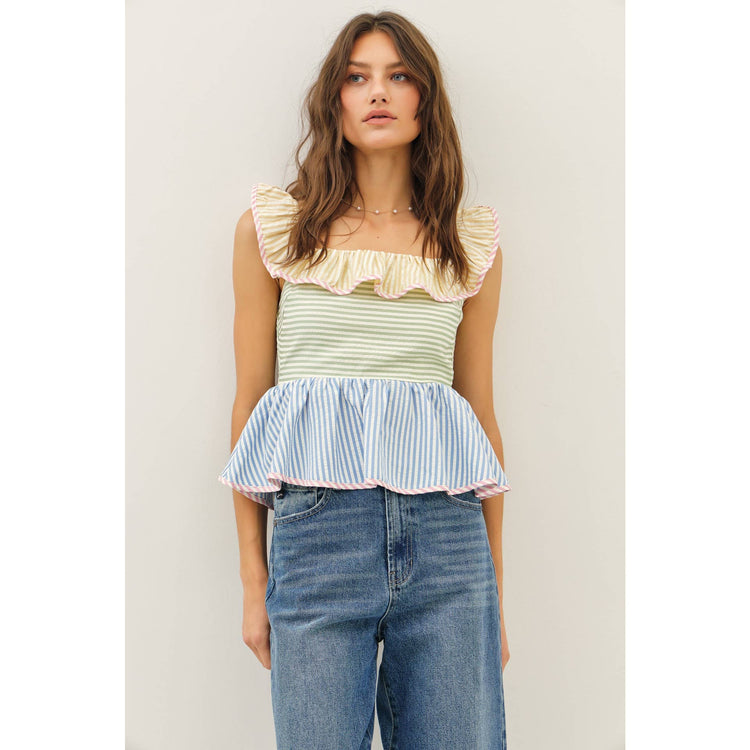 Color Block Stripe Ruffle Top