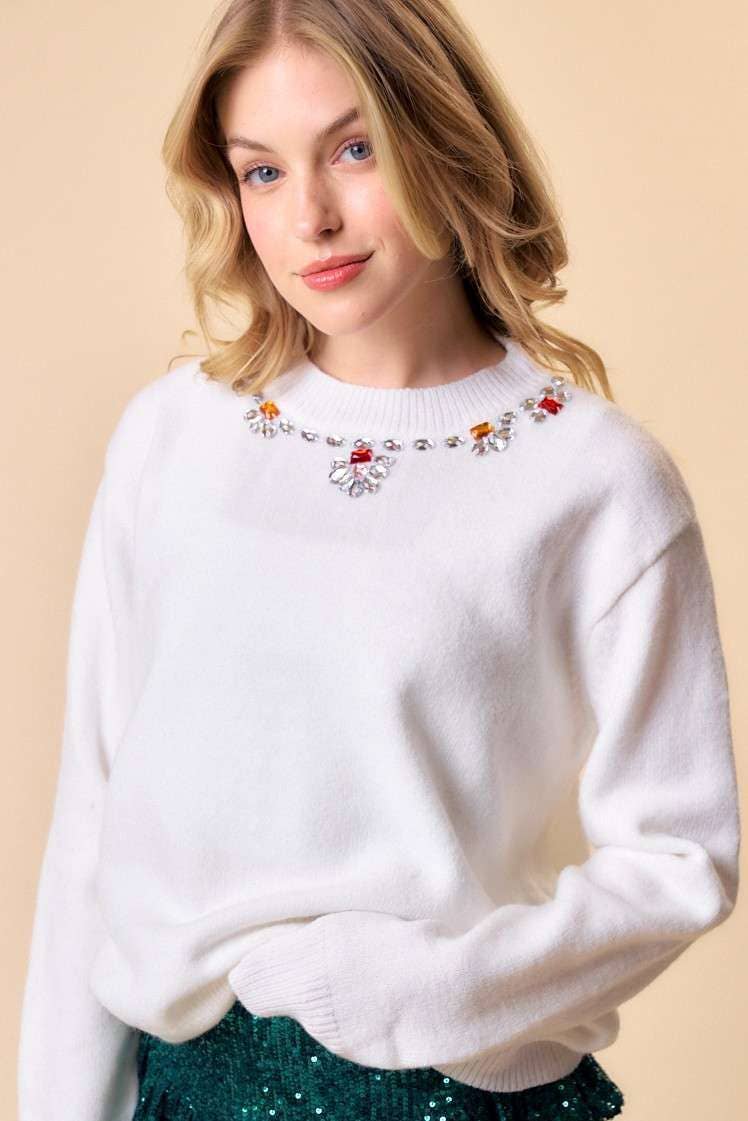 Color Stone Trim Formal Sweater