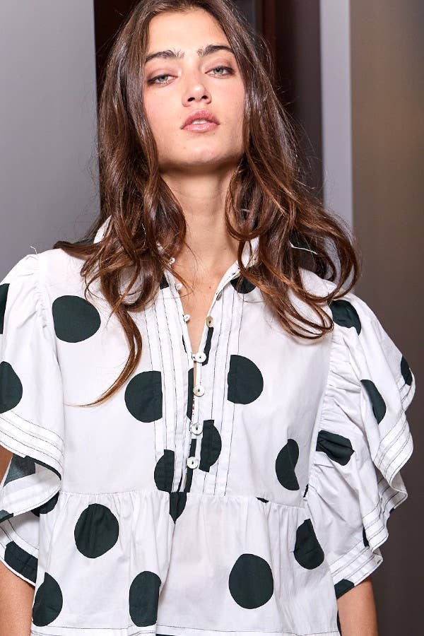 Ruffle Sleeves Pintuck Detail Polka Dot Print top