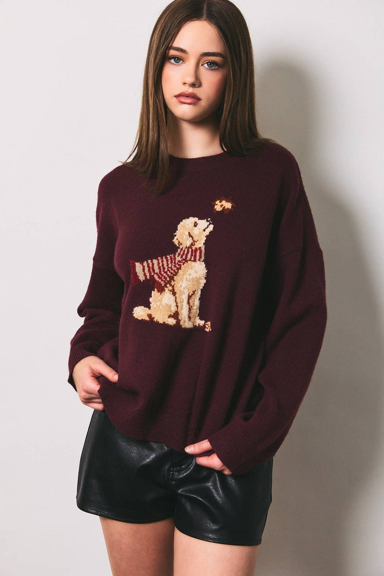 PUPPY WITH FALLEN LEAVES GRAPHIC OVERSIZED SWEATER