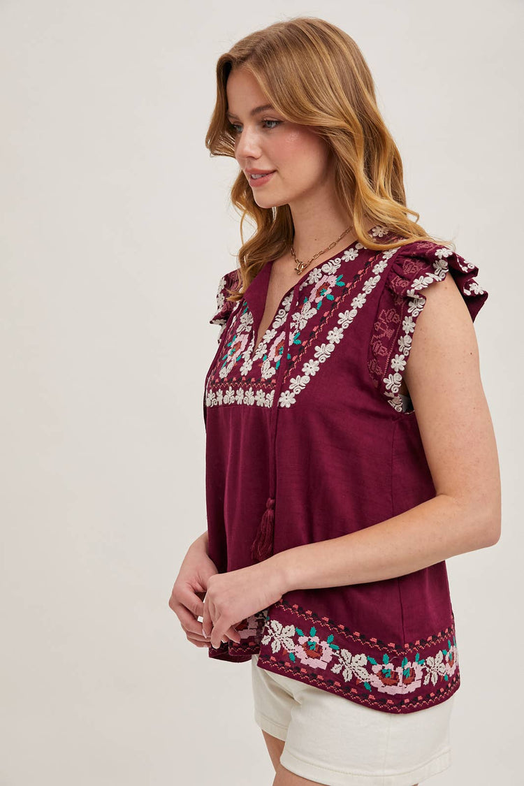 BOHO EMBROIDERED RUFFLED SLEEVE DRAWSTRING TOP