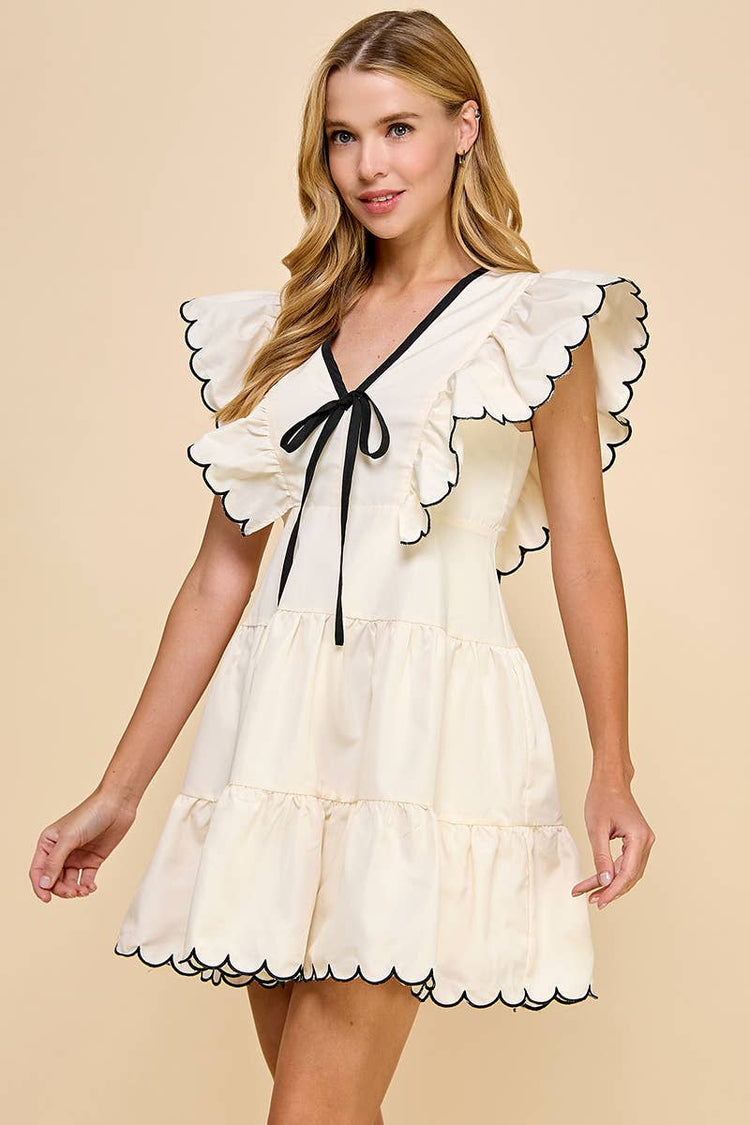 V Neckline Bow Detail Scalloped Dress