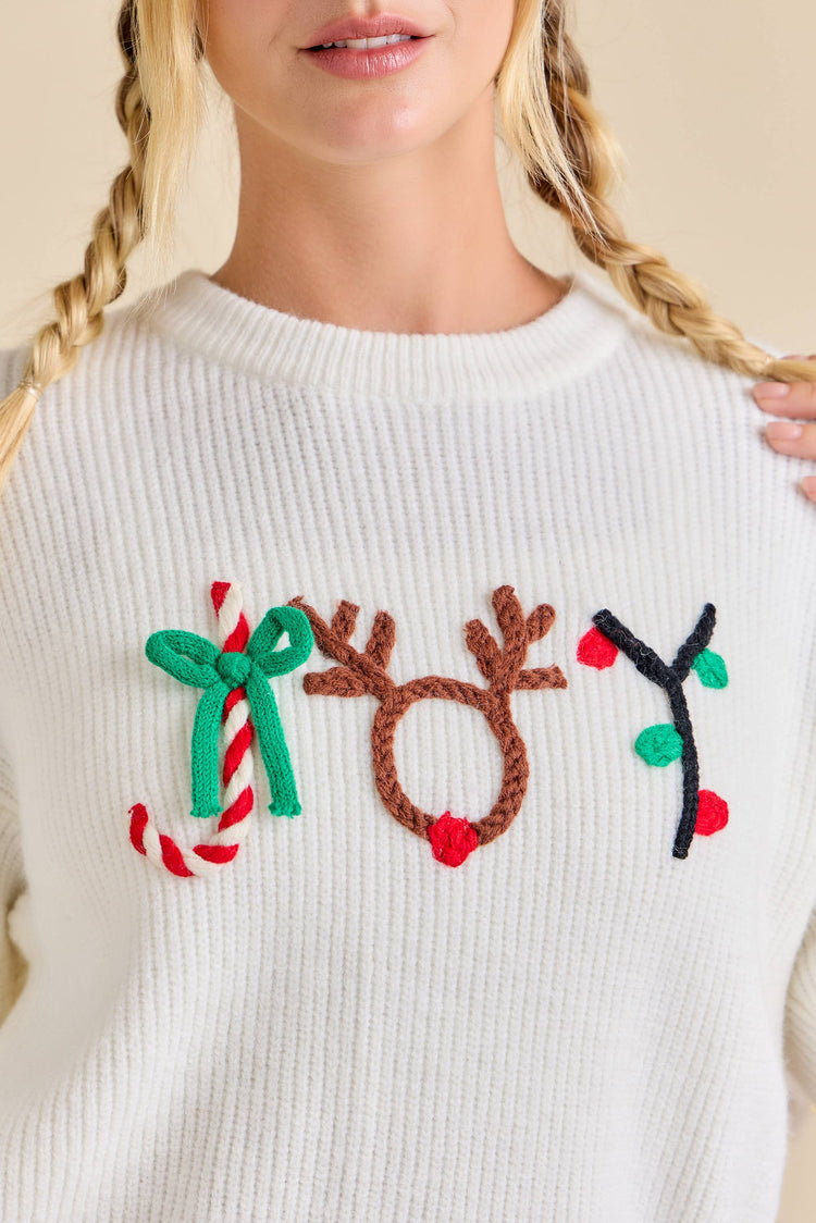 Christmas Joy Embroidered 3D Yarn Sweater Knit Top