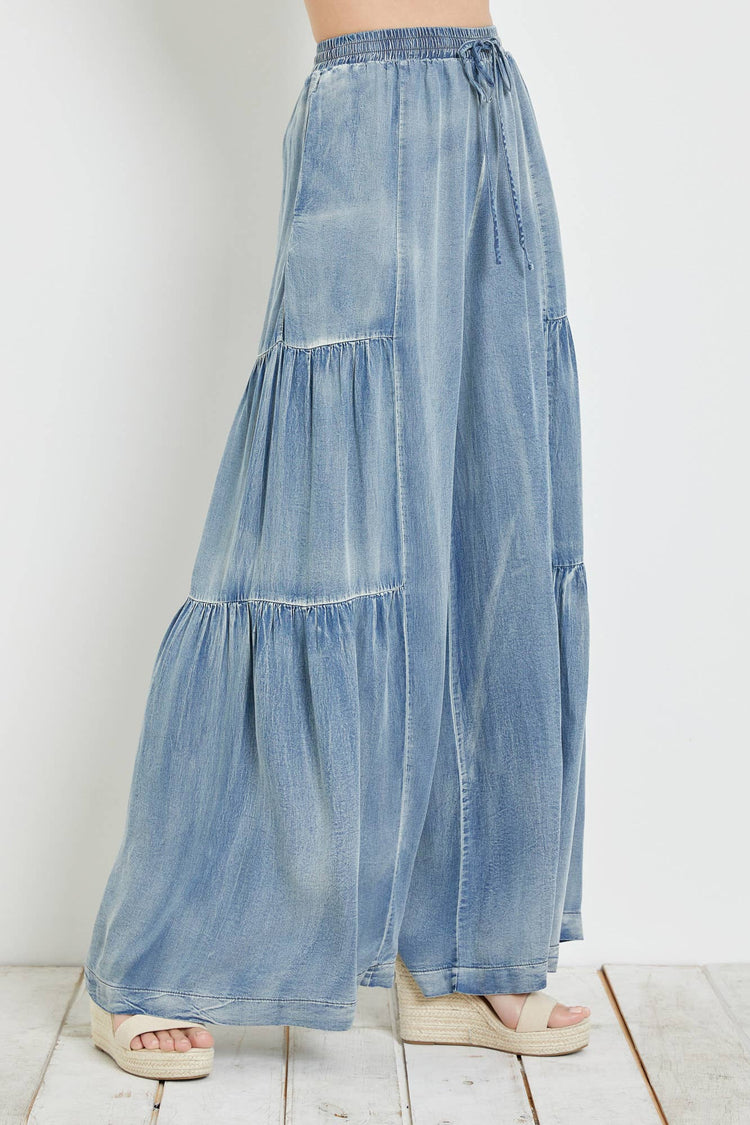 Tiered Ruffled Washed Denim Pants
