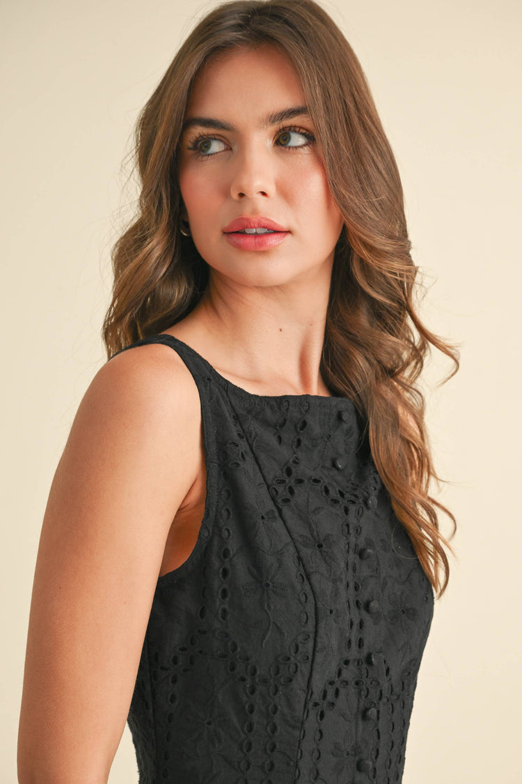 EYELET DROP WAIST BUTTON DETAILED FLARED ROMPER