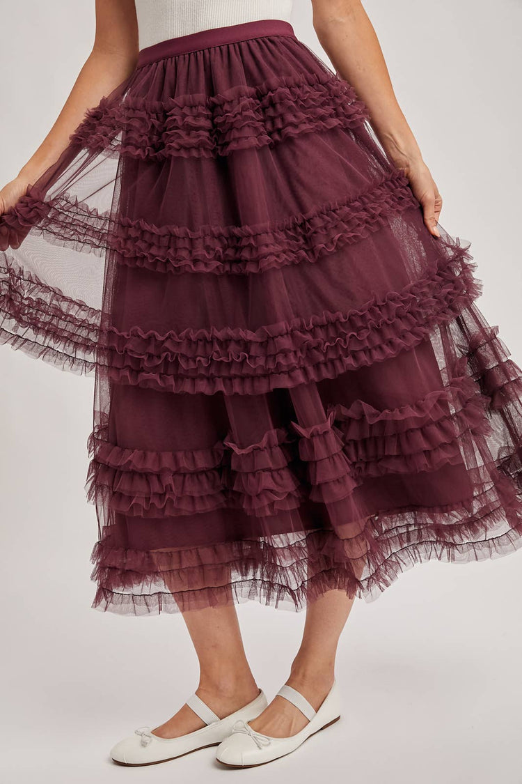 ROMANTIC RUFFLE TIERED TULLE MIDI SKIRT