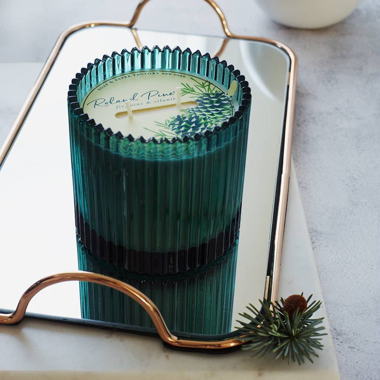 Roland Pine 14 oz Two-Wick Green Ribbed Glass Candle