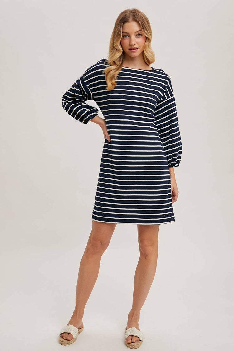 STRIPED 3/4 SLEEVED KNIT DRESS
