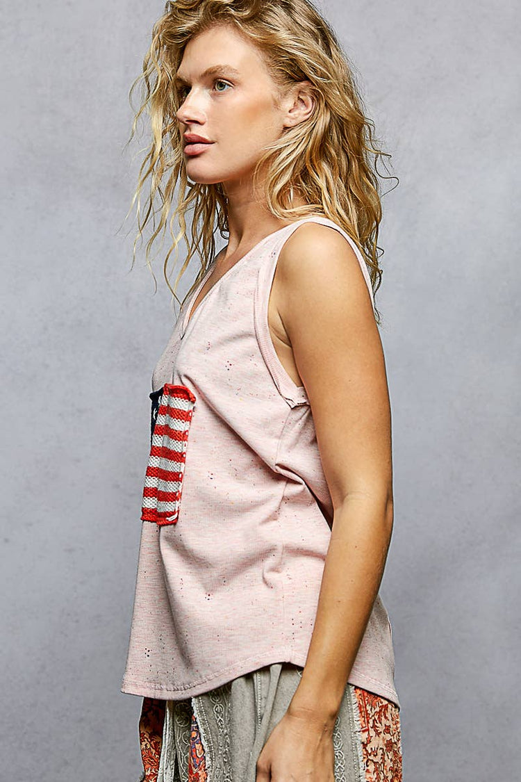 Handmade American Flag Patch Rib V-Neck Sleeveless Top