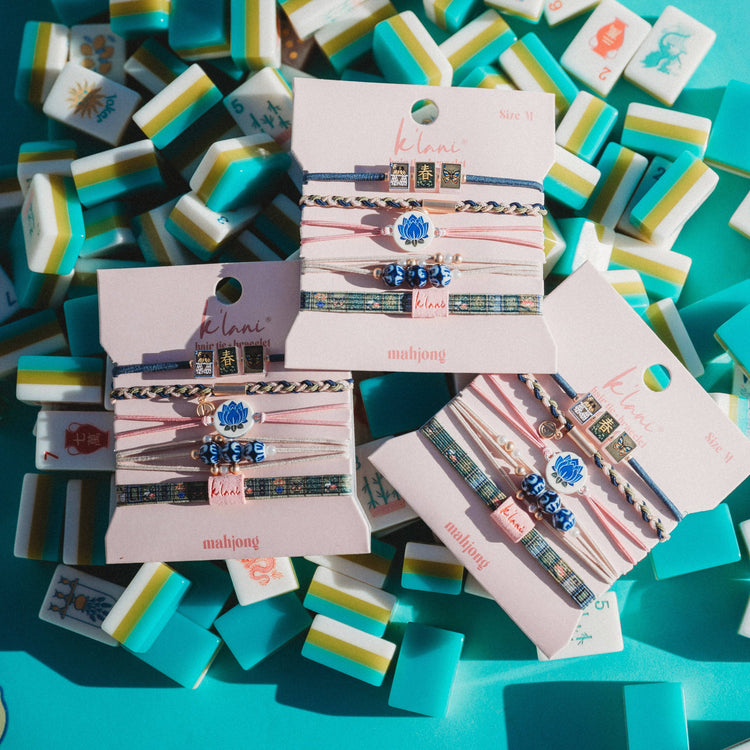 "Mahjong" Themed in Pink, Green & Blue with Lotus & Tile Accent Hair Tie Bracelets
