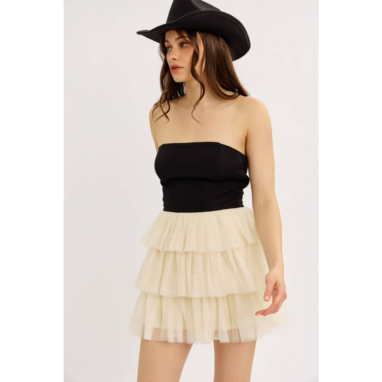 ROOFTOP NIGHT OUT STRAPLESS TIERED MESH ROMPER