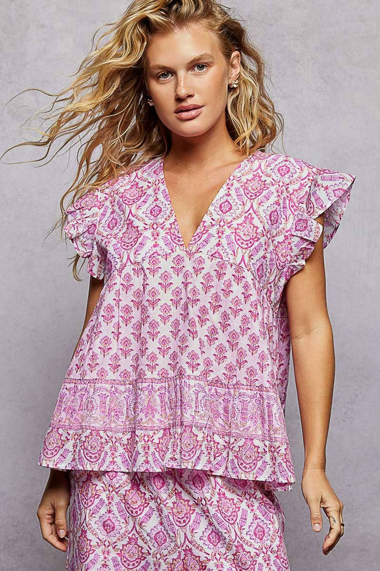 V-Neck Floral Pattern Ruffle Sleeve Top