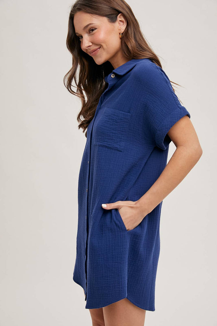 Button Up Shirt Dress With Pockets