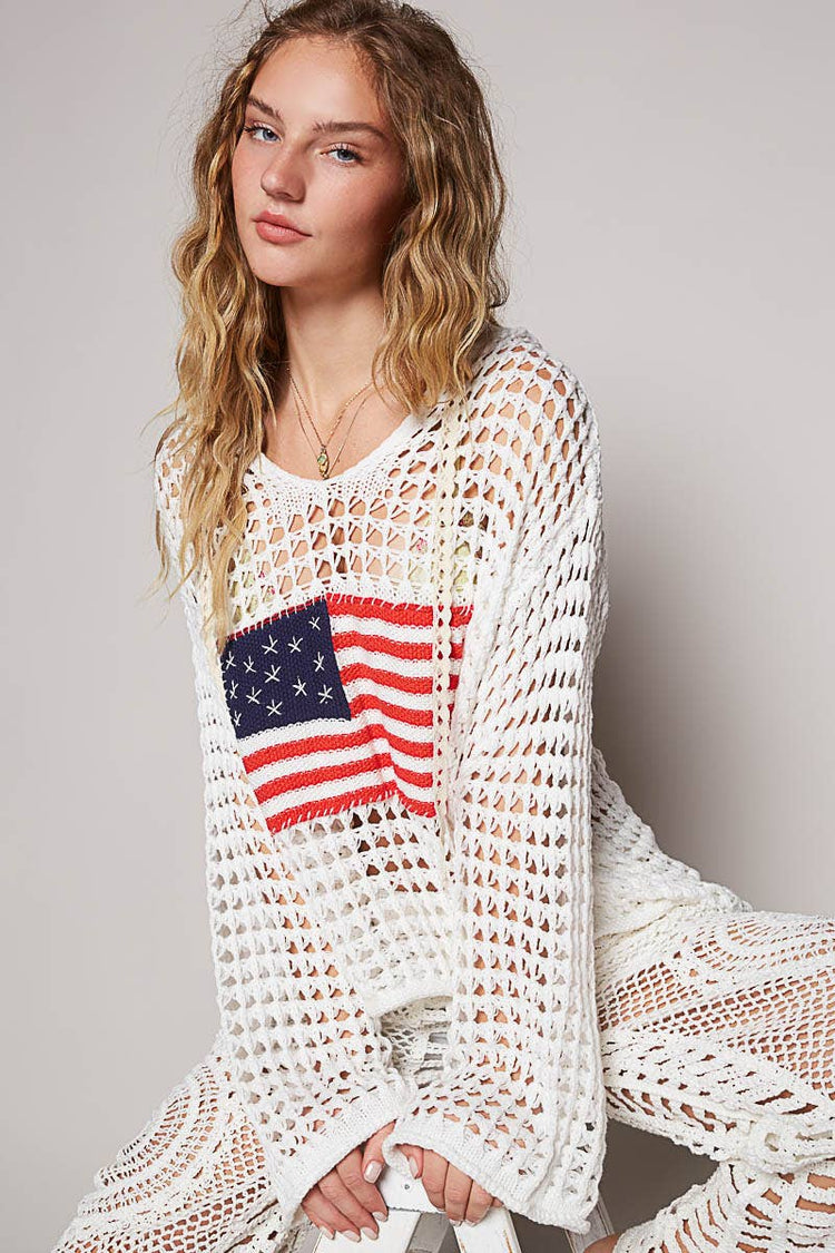 Long sleeve American flag hoodie thin sweater top