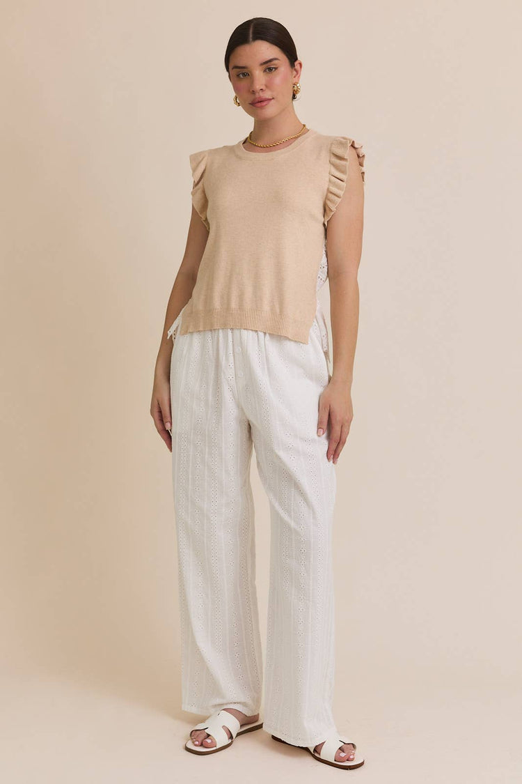 ROUND NECK RUFFLE SLEEVE WOVEN & KNIT MIX TOP