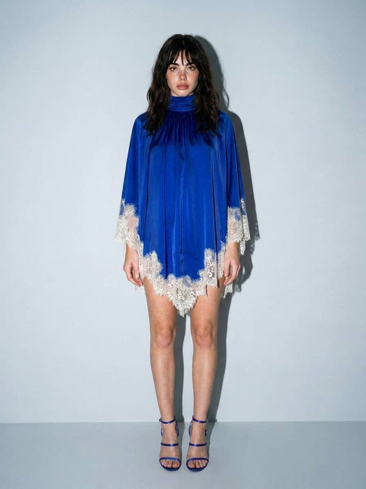 Satin Lace-Trimmed Trapeze Mini Dress