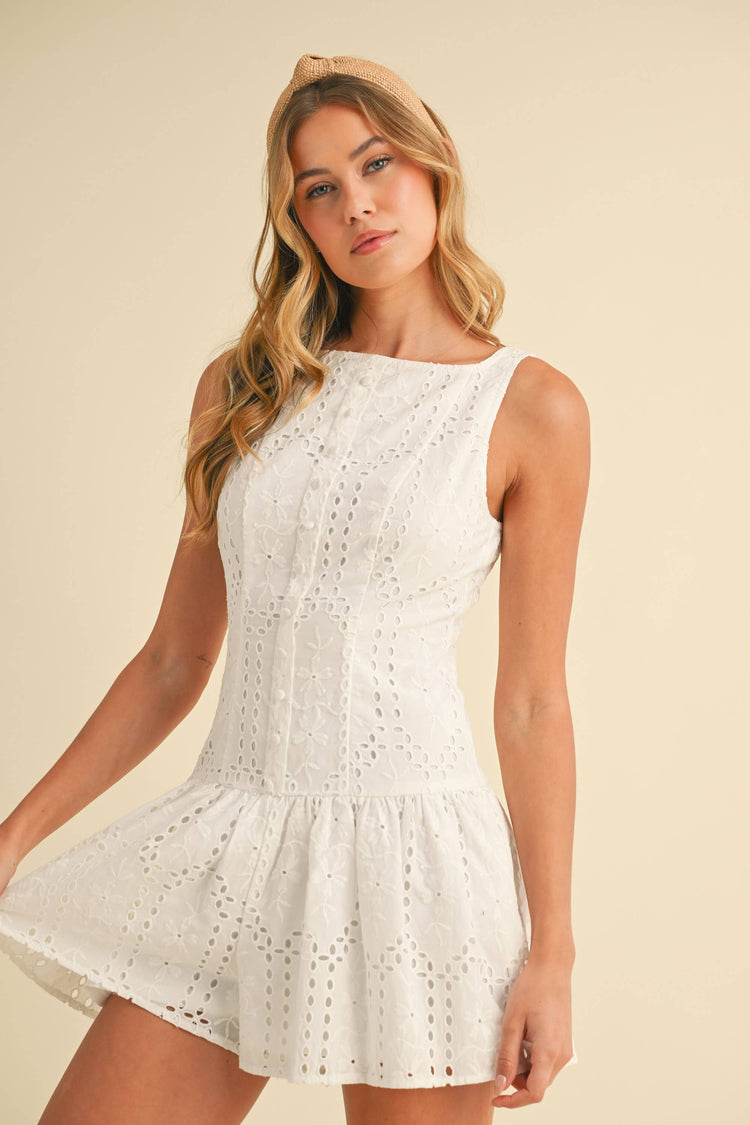 EYELET DROP WAIST BUTTON DETAILED FLARED ROMPER