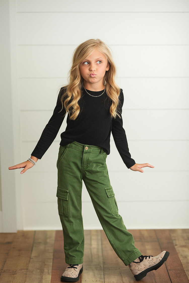 Kids Olive Green Denim Cargo Pants With Pockets