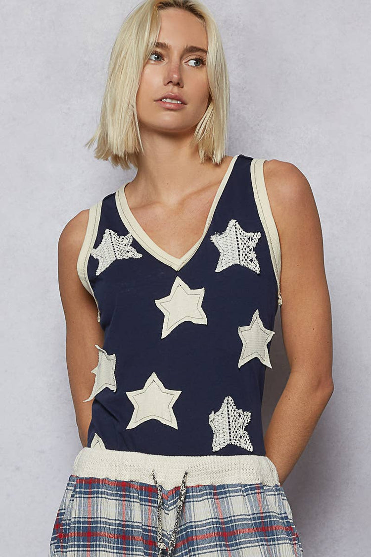 V-neck sleeveless front star patches solid basic top