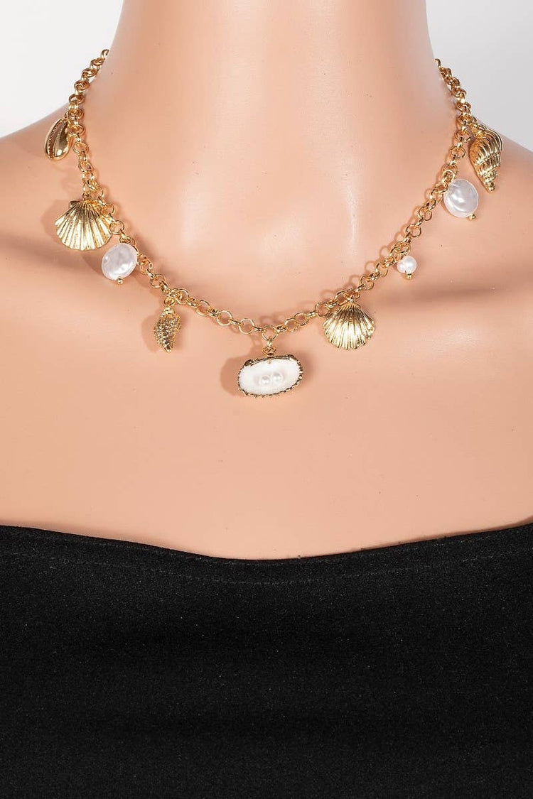 Pearl And Sea Shell Charms Chain Necklace