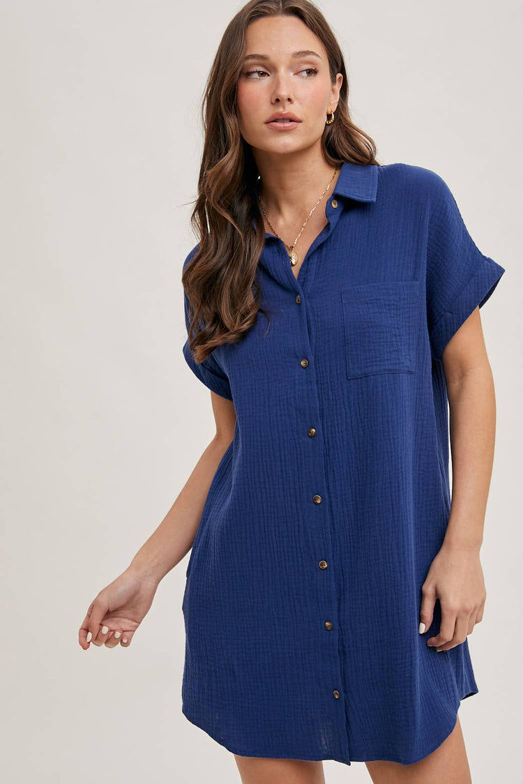 Button Up Shirt Dress With Pockets