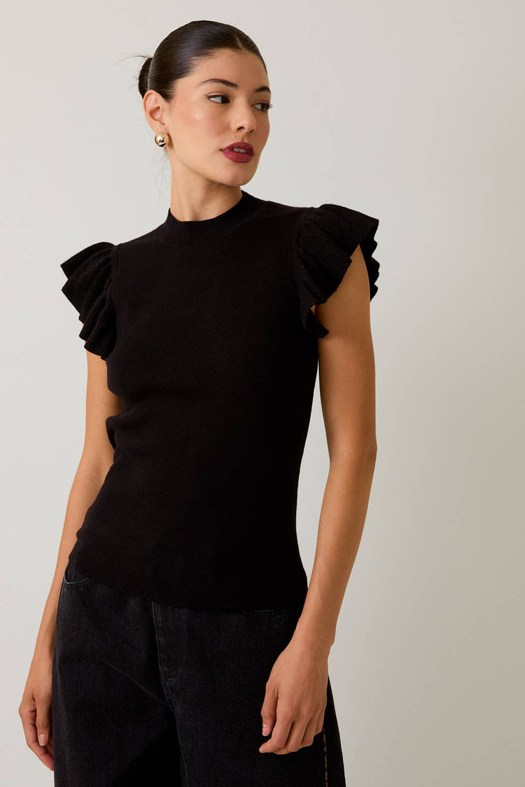 MOCK NECK RUFFLE SLEEVE KNIT TOP