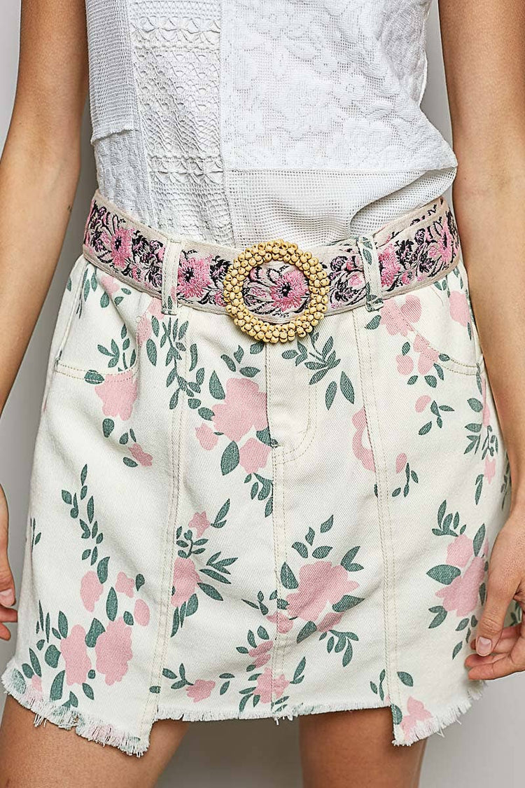 Beaded Round Buckle Floral Belt