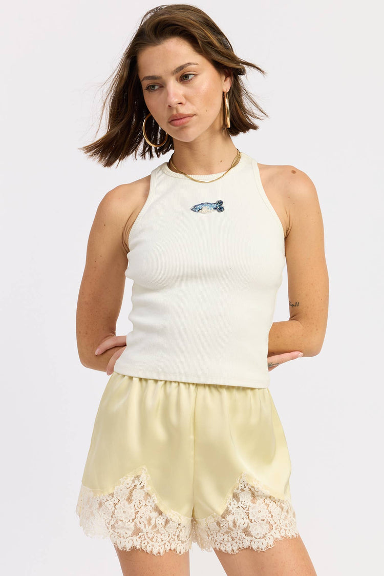 SATIN PAJAMA SHORTS WITH LACE DETAIL