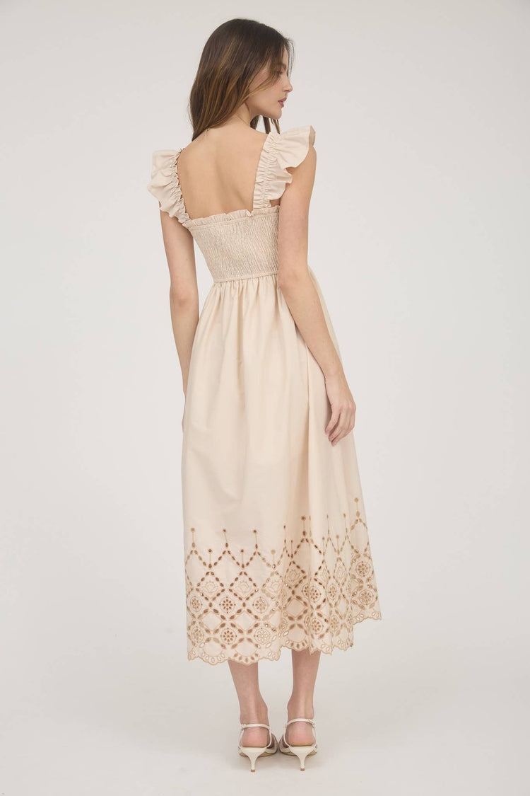 SMOCKED RUFFLE SLEEVE EYELET HEM MIDI DRESS
