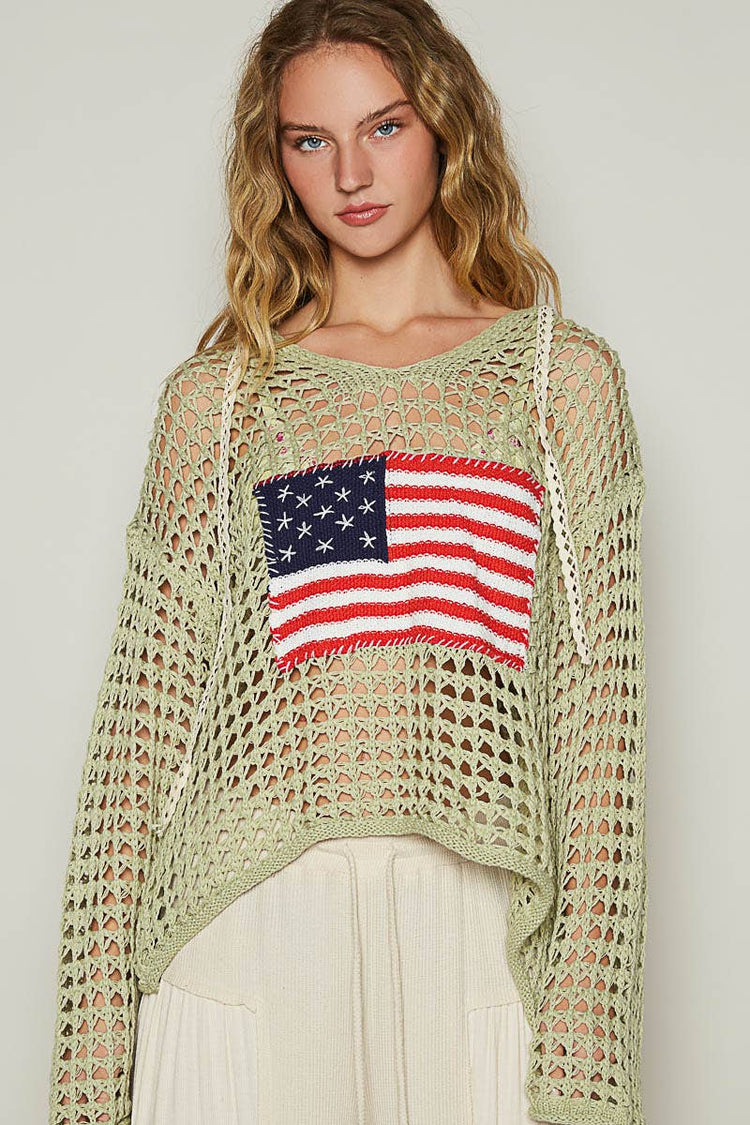 Long sleeve American flag hoodie thin sweater top
