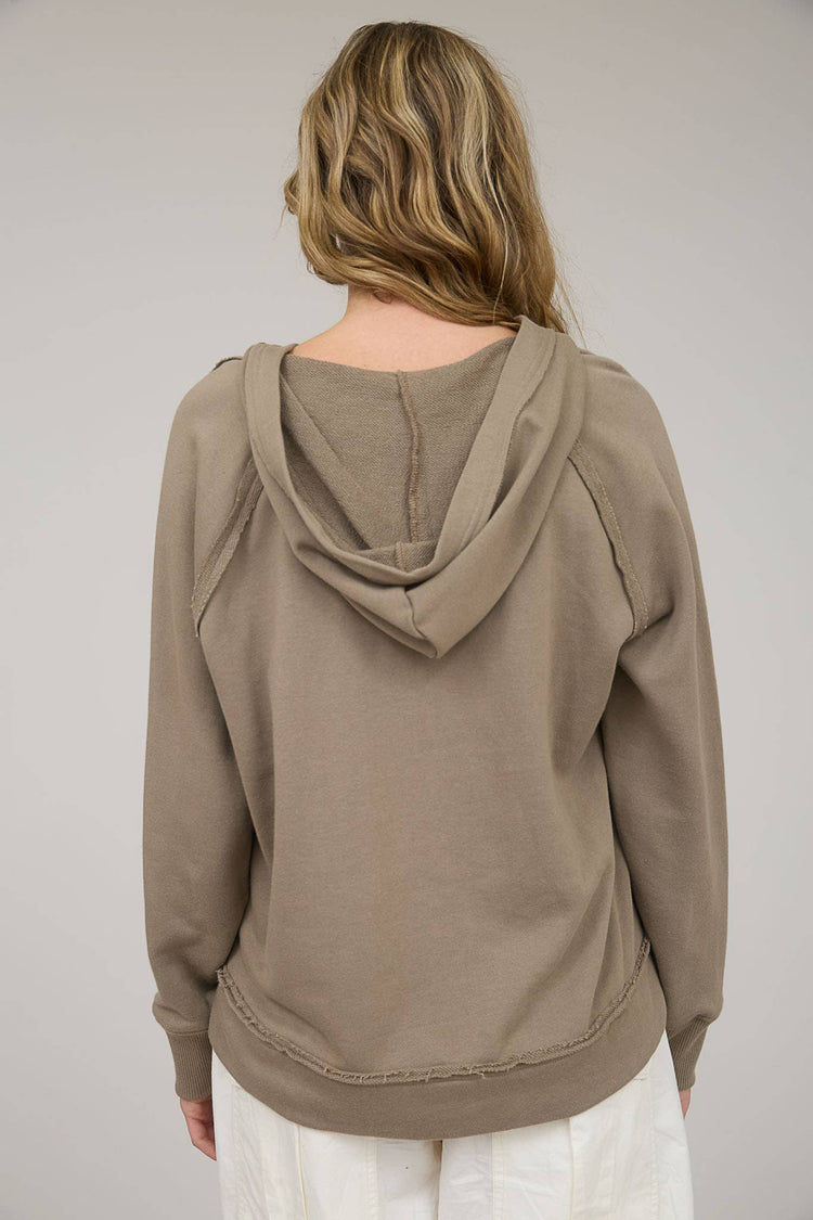 HOODED V NECK RAW EDGE LONG SLEEVE KNIT TOP