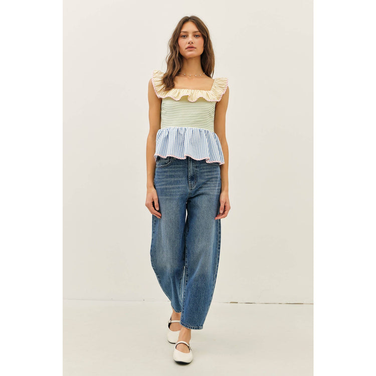 Color Block Stripe Ruffle Top