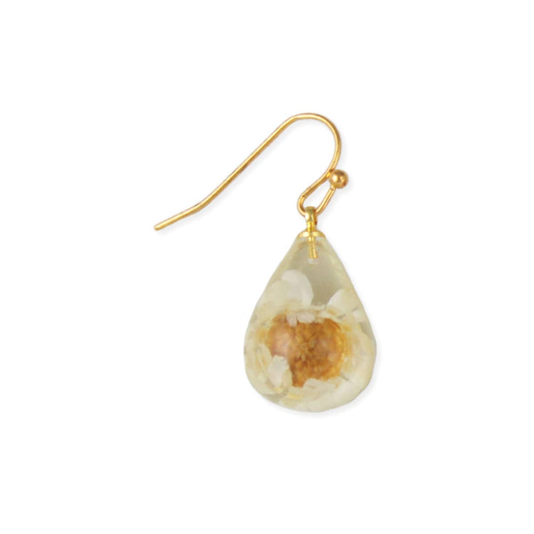 White Dried Flower Clear Teardrop Earrings