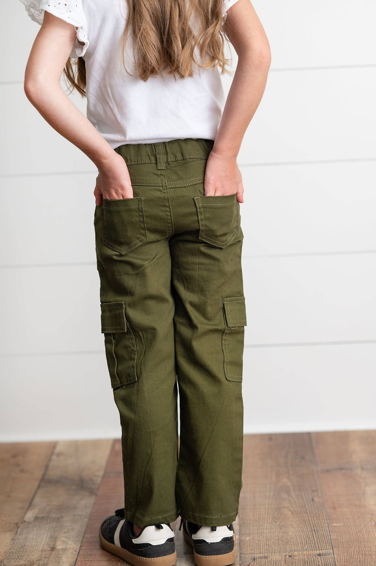 Kids Olive Green Denim Cargo Pants With Pockets