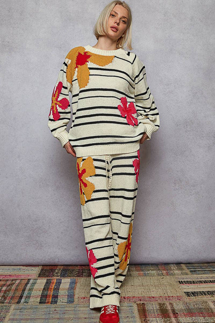 Round neck floral pattern striped chenille sweater top