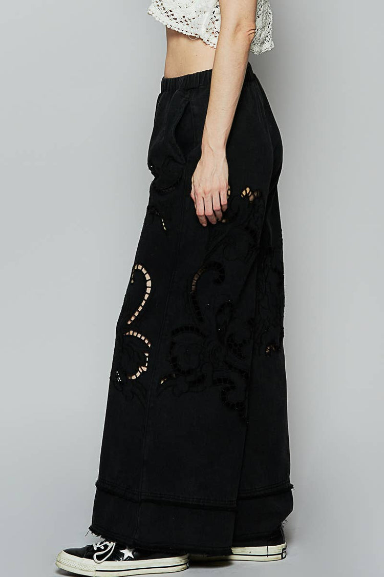 Vintage washing outseam woven twill wide pants