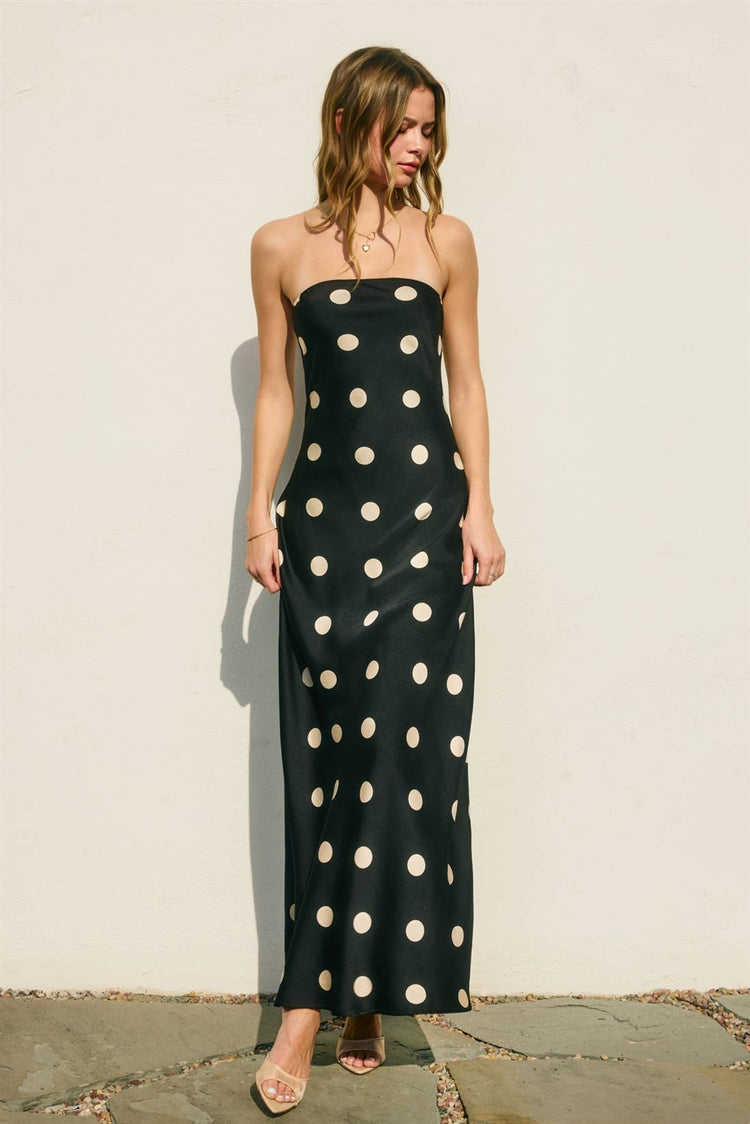 Polka Dot Satin Strapless Maxi Dress