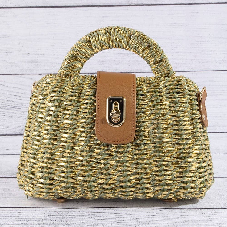 Woven Straw Turn Lock Top Handle Handbag
