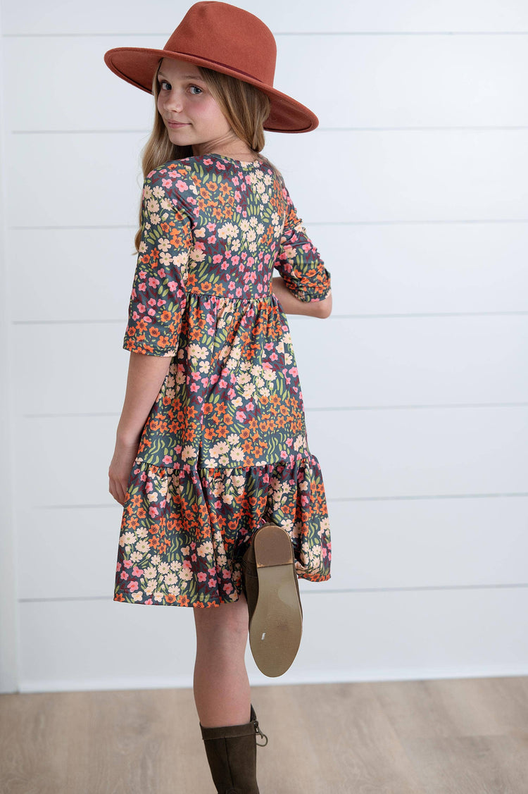 Girls Emma Rust Fall Flower Fields Tiered Twirl Dress