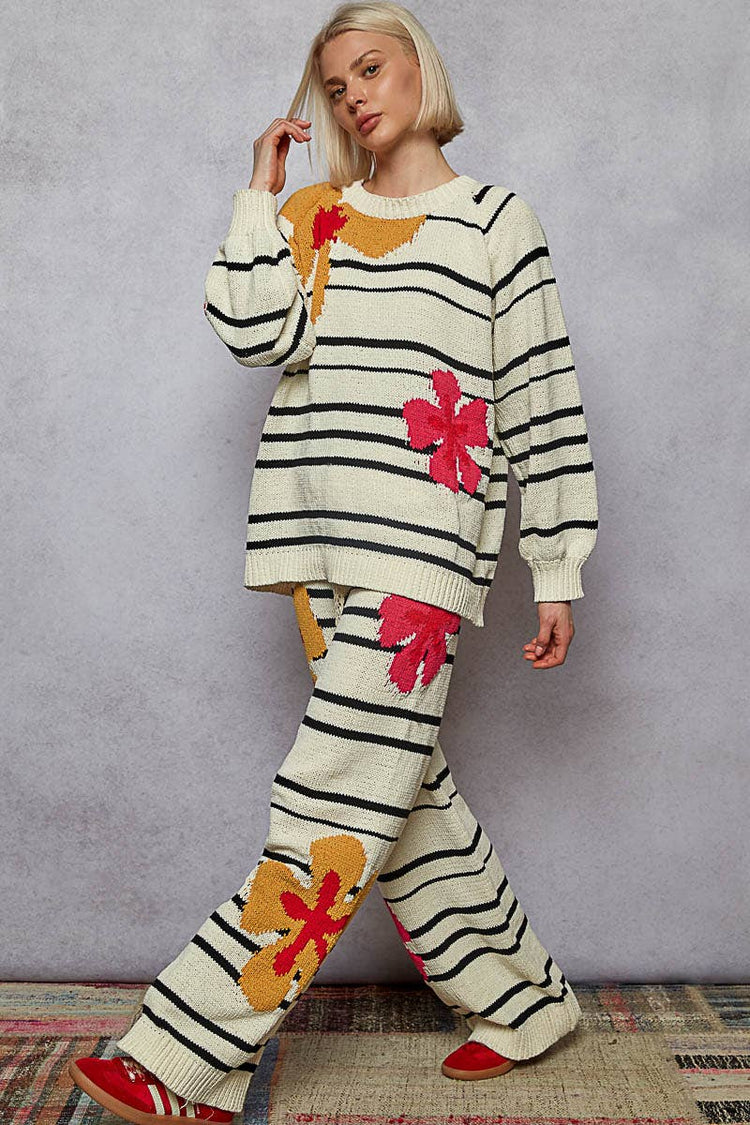 Round neck floral pattern striped chenille sweater top